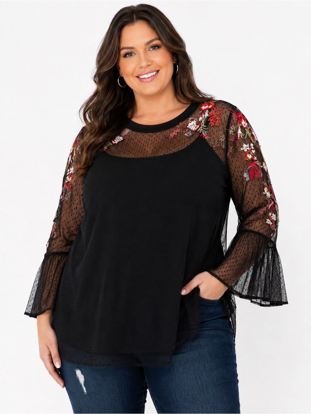 Torrid Embroidered Mesh Floral Blouse Size 1 1X Black Sheer Bell Sleeve Top